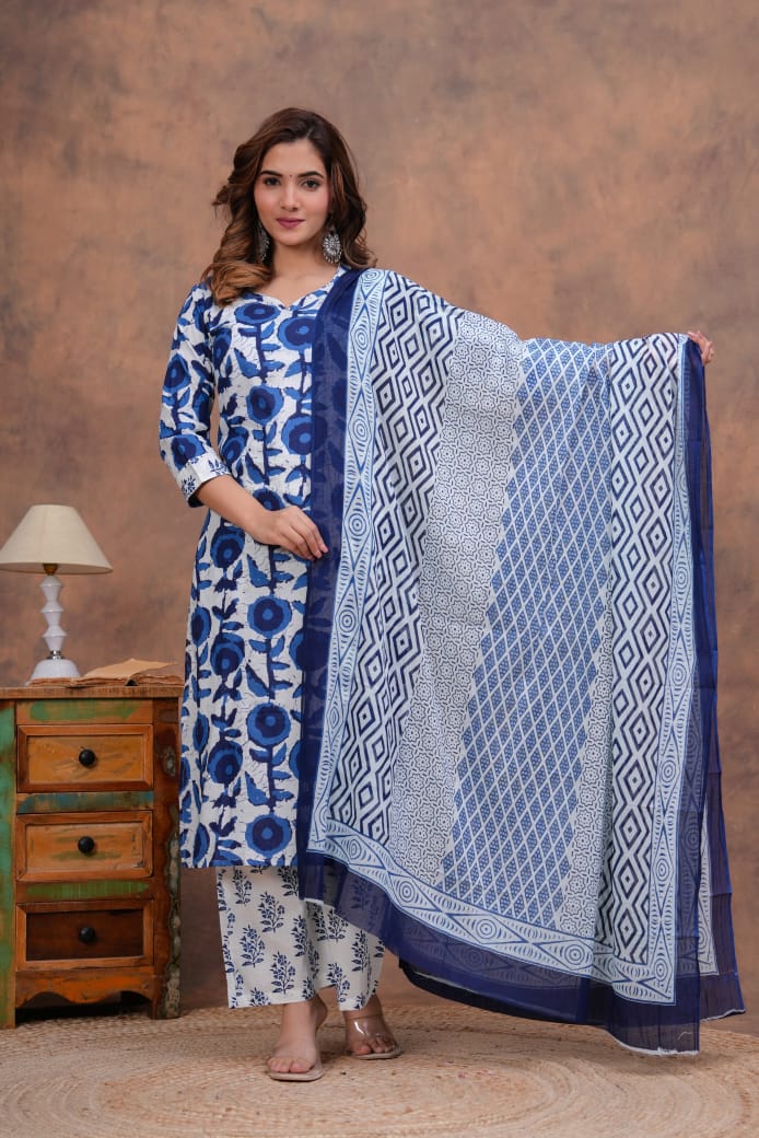 Exclusive Jaipuri Printed Cotton Kurti Set with Printed Plazo & Dupatta | Pure 60×60 Cotton- House Of The Handblock