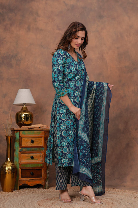 Exclusive Jaipuri Printed Cotton Kurti Set with Printed Plazo & Dupatta | Pure 60×60 Cotton- House Of The Handblock