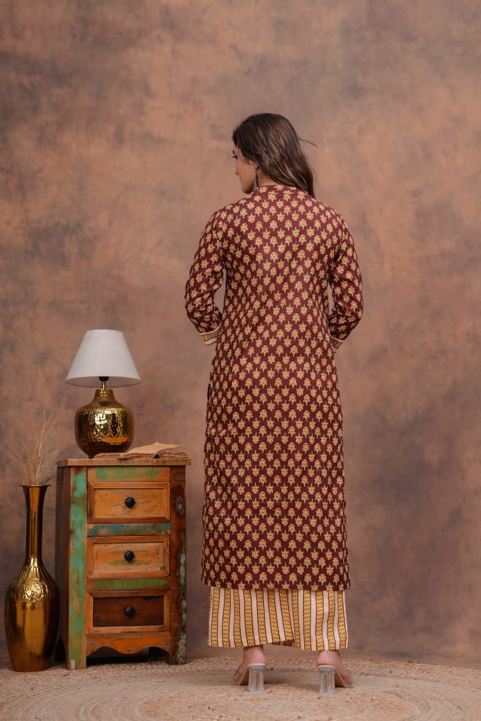 Exclusive Jaipuri Printed Cotton Kurti Set with Printed Plazo & Dupatta | Pure 60×60 Cotton- House Of The Handblock