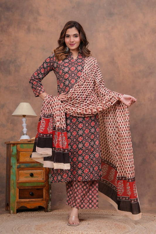 Exclusive Jaipuri Printed Cotton Kurti Set with Printed Plazo & Dupatta | Pure 60×60 Cotton- House Of The Handblock