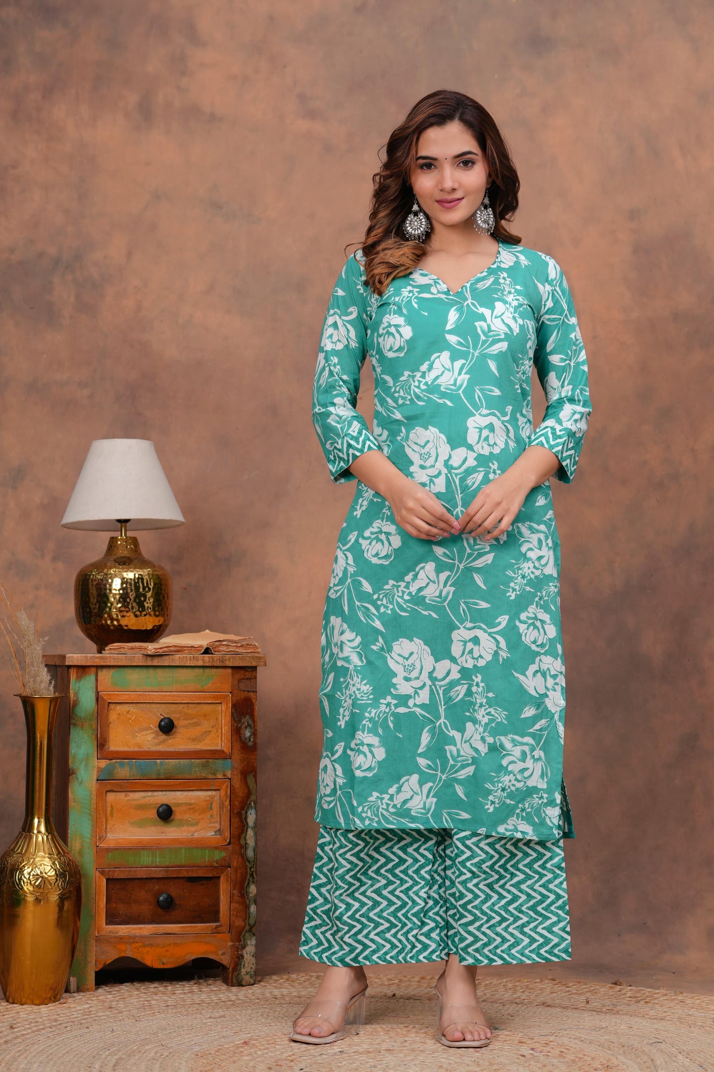 Exclusive Jaipuri Printed Cotton Kurti Set with Printed Plazo & Dupatta | Pure 60×60 Cotton- House Of The Handblock