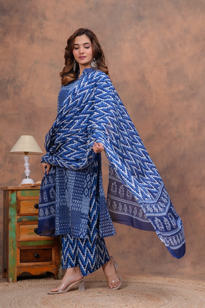 Exclusive Jaipuri Printed Cotton Kurti Set with Printed Plazo & Dupatta | Pure 60×60 Cotton- House Of The Handblock