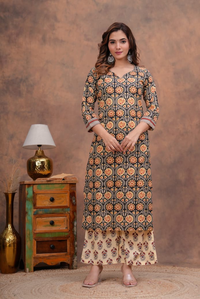 Exclusive Jaipuri Printed Cotton Kurti Set with Printed Plazo & Dupatta | Pure 60×60 Cotton- House Of The Handblock
