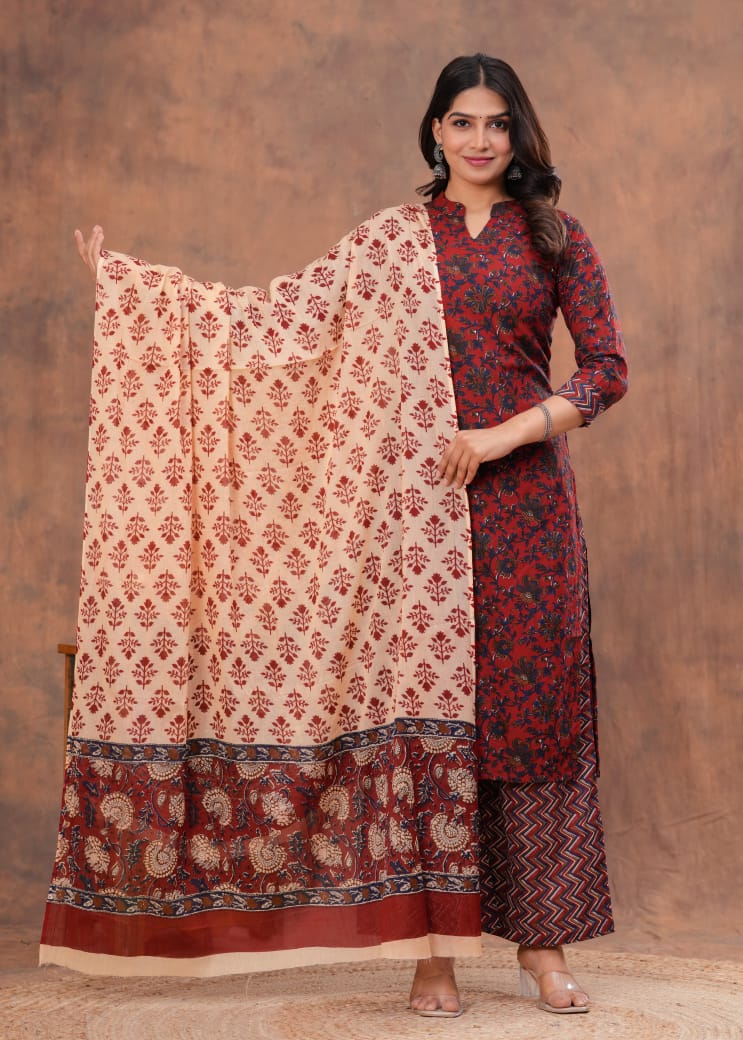 Exclusive Jaipuri Printed Cotton Kurti Set with Printed Plazo & Dupatta | Pure 60×60 Cotton- House Of The Handblock