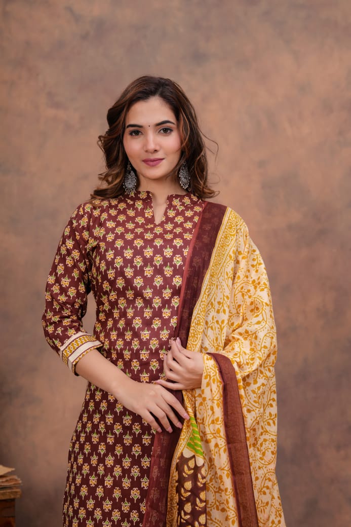 Exclusive Jaipuri Printed Cotton Kurti Set with Printed Plazo & Dupatta | Pure 60×60 Cotton- House Of The Handblock