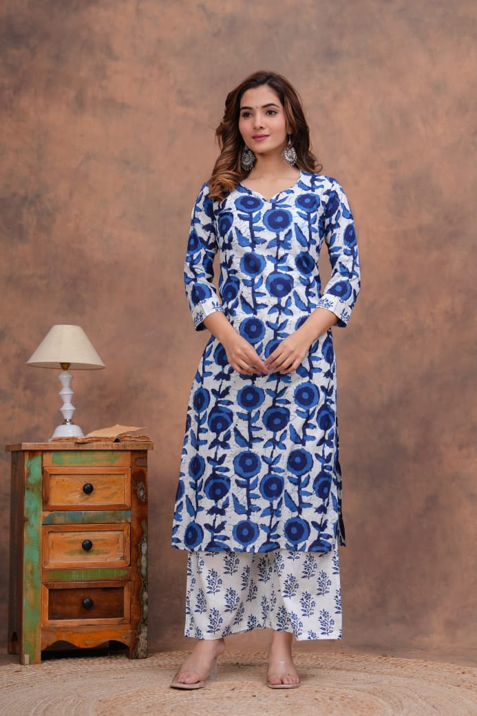 Exclusive Jaipuri Printed Cotton Kurti Set with Printed Plazo & Dupatta | Pure 60×60 Cotton- House Of The Handblock
