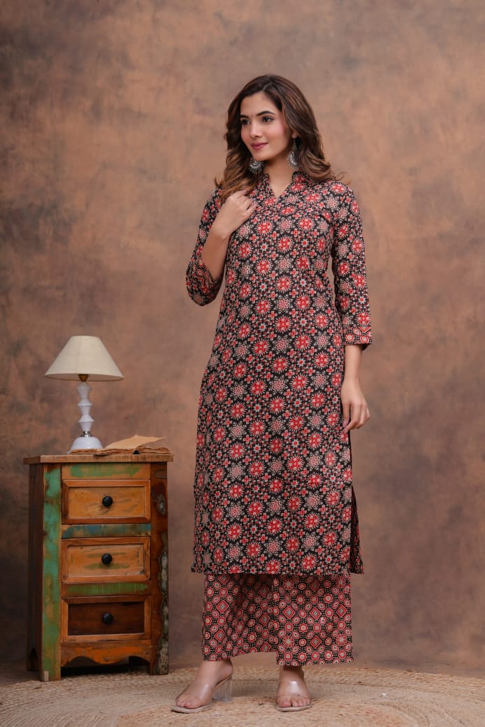 Exclusive Jaipuri Printed Cotton Kurti Set with Printed Plazo & Dupatta | Pure 60×60 Cotton- House Of The Handblock