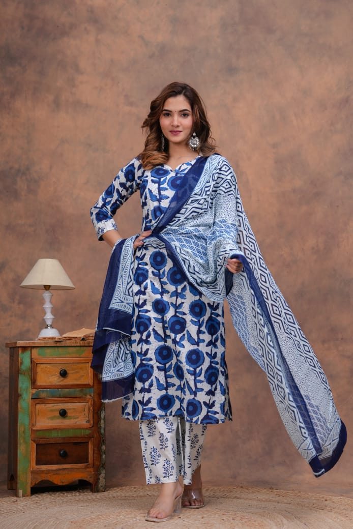 Exclusive Jaipuri Printed Cotton Kurti Set with Printed Plazo & Dupatta | Pure 60×60 Cotton- House Of The Handblock