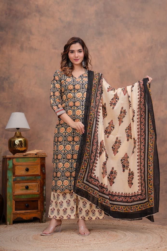 Exclusive Jaipuri Printed Cotton Kurti Set with Printed Plazo & Dupatta | Pure 60×60 Cotton- House Of The Handblock