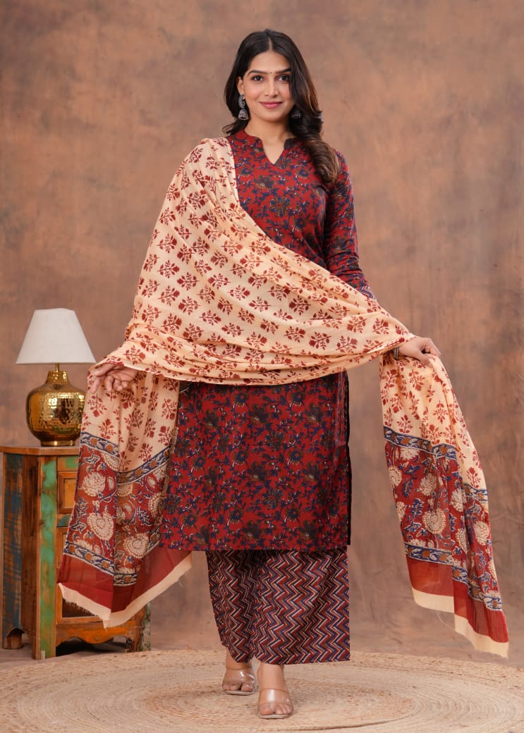 Exclusive Jaipuri Printed Cotton Kurti Set with Printed Plazo & Dupatta | Pure 60×60 Cotton- House Of The Handblock
