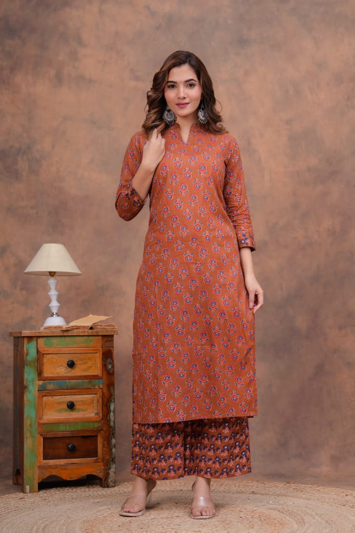 Exclusive Jaipuri Printed Cotton Kurti Set with Printed Plazo & Dupatta | Pure 60×60 Cotton- House Of The Handblock