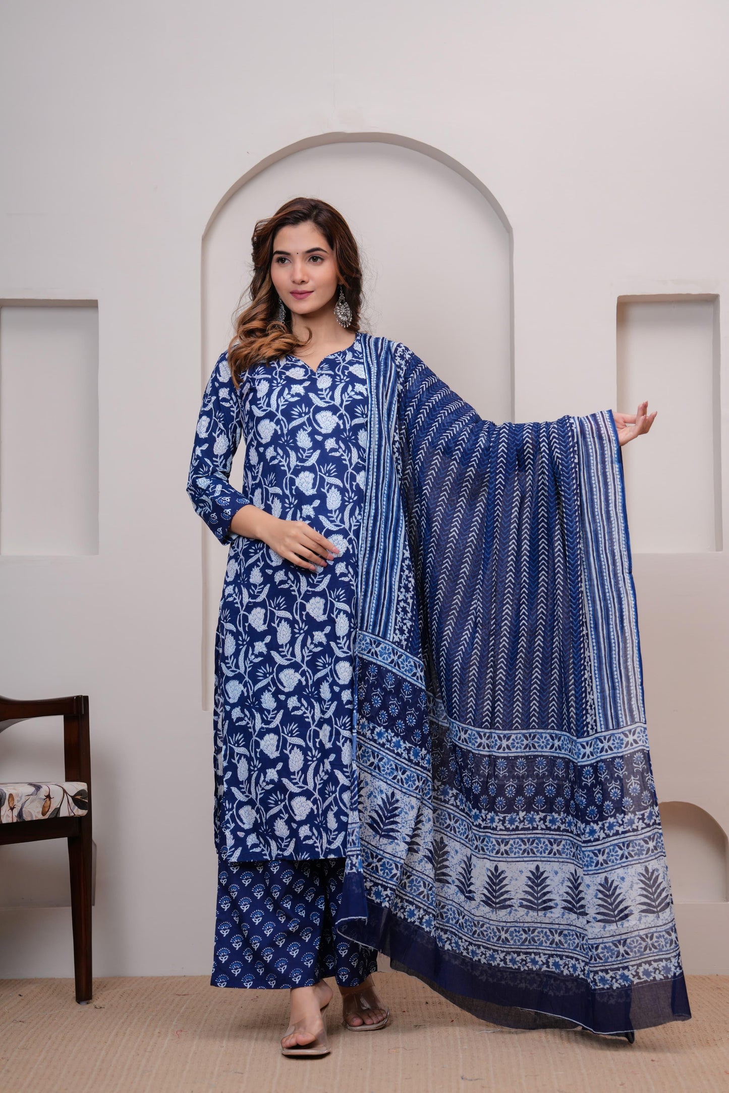 Exclusive Jaipuri Printed Cotton Kurti Set with Printed Plazo & Dupatta | Pure 60×60 Cotton- House Of The Handblock
