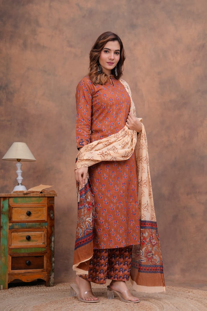 Exclusive Jaipuri Printed Cotton Kurti Set with Printed Plazo & Dupatta | Pure 60×60 Cotton- House Of The Handblock