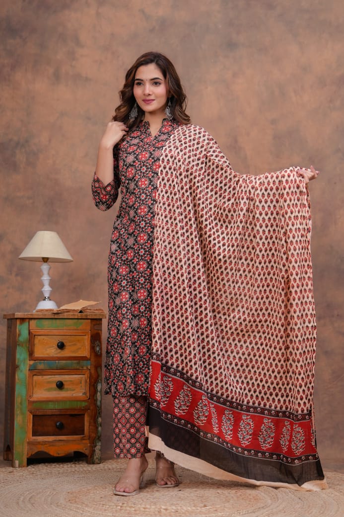 Exclusive Jaipuri Printed Cotton Kurti Set with Printed Plazo & Dupatta | Pure 60×60 Cotton- House Of The Handblock