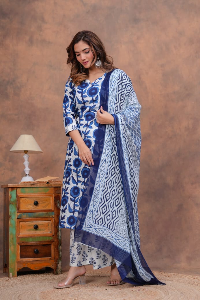 Exclusive Jaipuri Printed Cotton Kurti Set with Printed Plazo & Dupatta | Pure 60×60 Cotton- House Of The Handblock