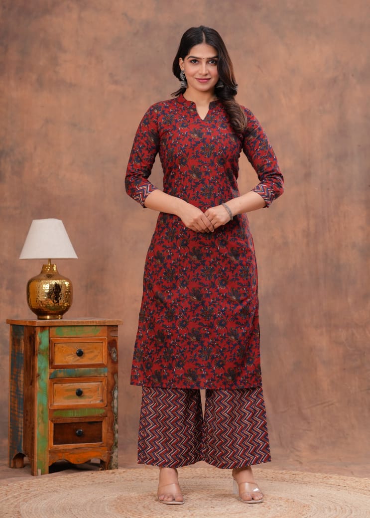 Exclusive Jaipuri Printed Cotton Kurti Set with Printed Plazo & Dupatta | Pure 60×60 Cotton- House Of The Handblock