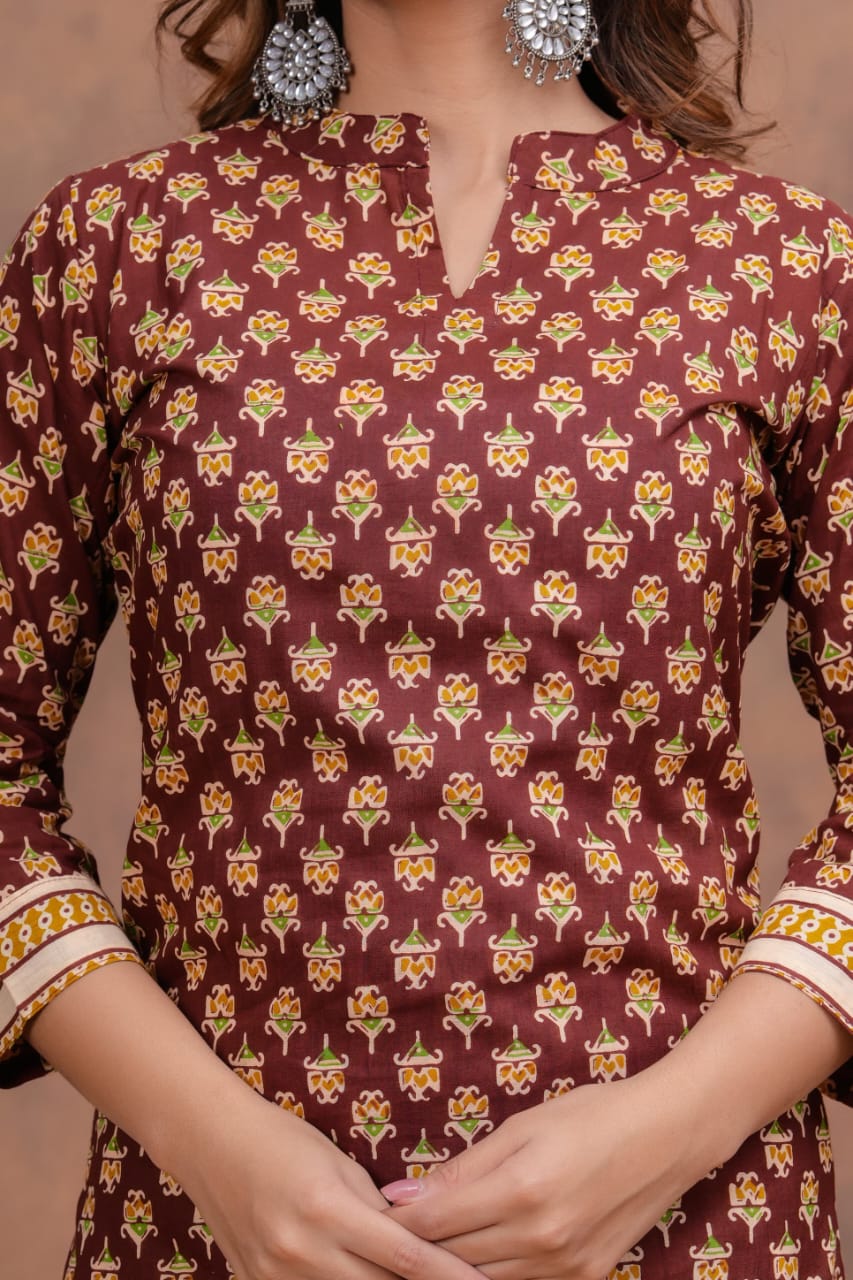 Exclusive Jaipuri Printed Cotton Kurti Set with Printed Plazo & Dupatta | Pure 60×60 Cotton- House Of The Handblock