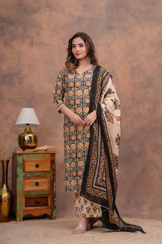 Exclusive Jaipuri Printed Cotton Kurti Set with Printed Plazo & Dupatta | Pure 60×60 Cotton- House Of The Handblock