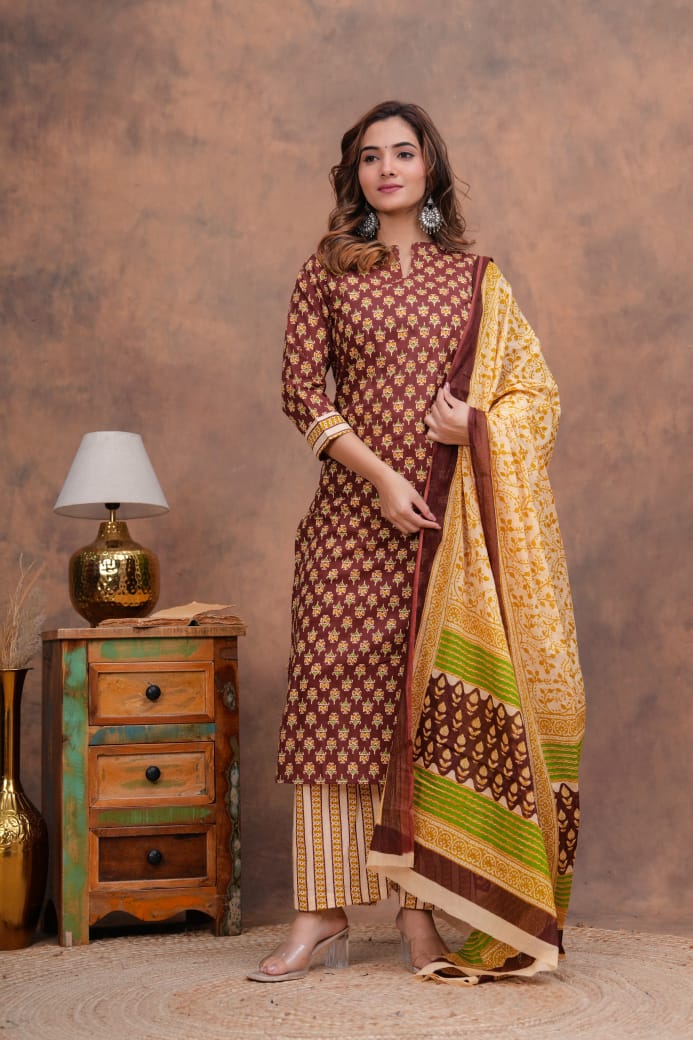Exclusive Jaipuri Printed Cotton Kurti Set with Printed Plazo & Dupatta | Pure 60×60 Cotton- House Of The Handblock