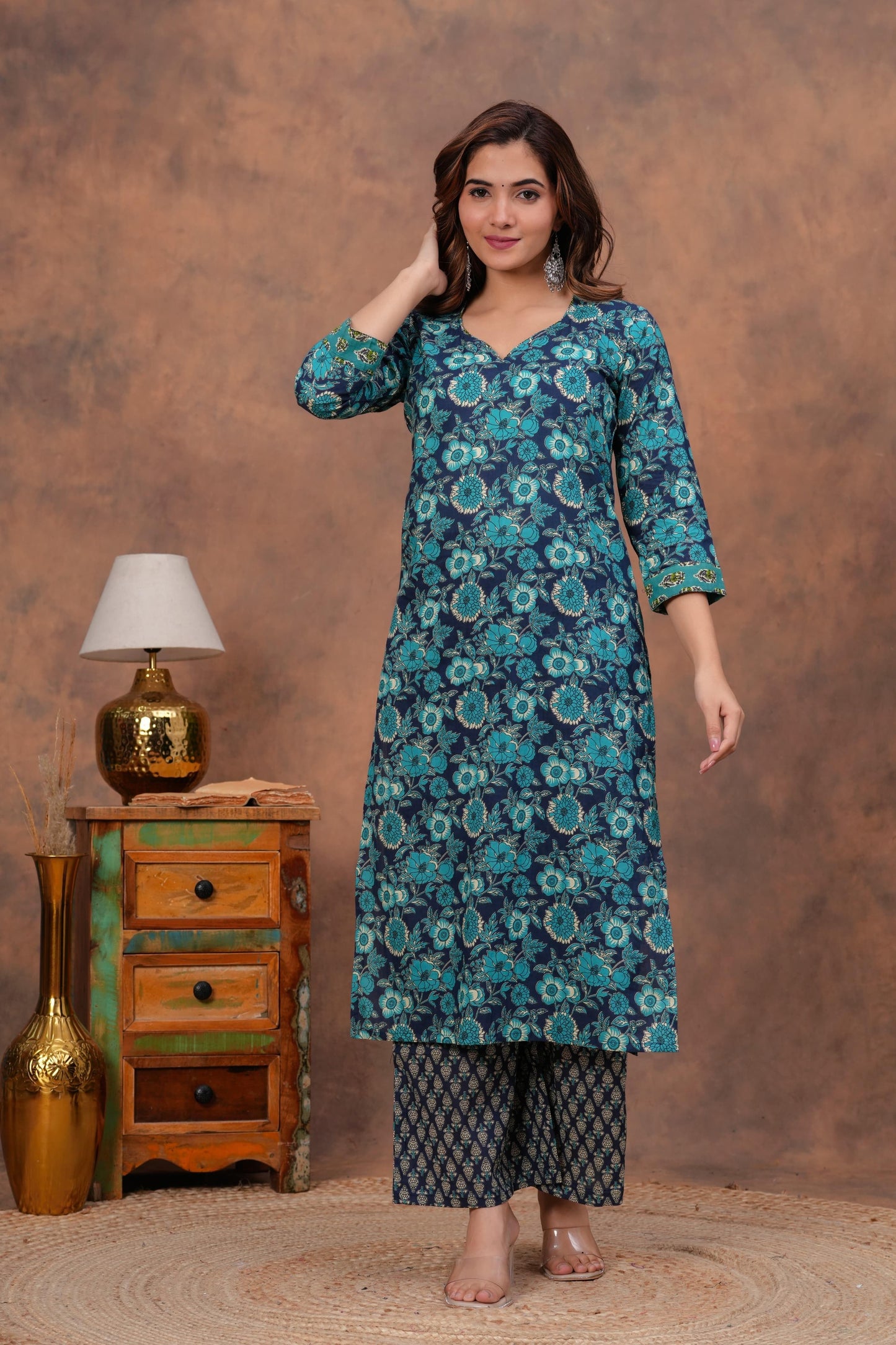 Exclusive Jaipuri Printed Cotton Kurti Set with Printed Plazo & Dupatta | Pure 60×60 Cotton- House Of The Handblock