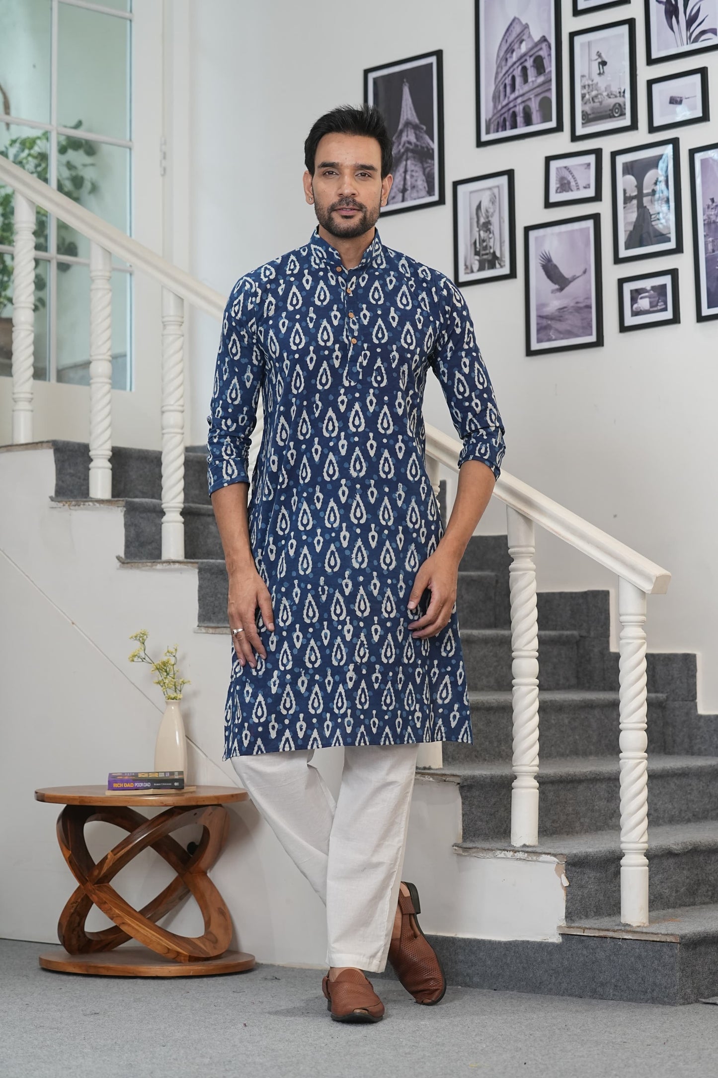 Festive wear men’s cotton kurta with traditional Indian block printing
