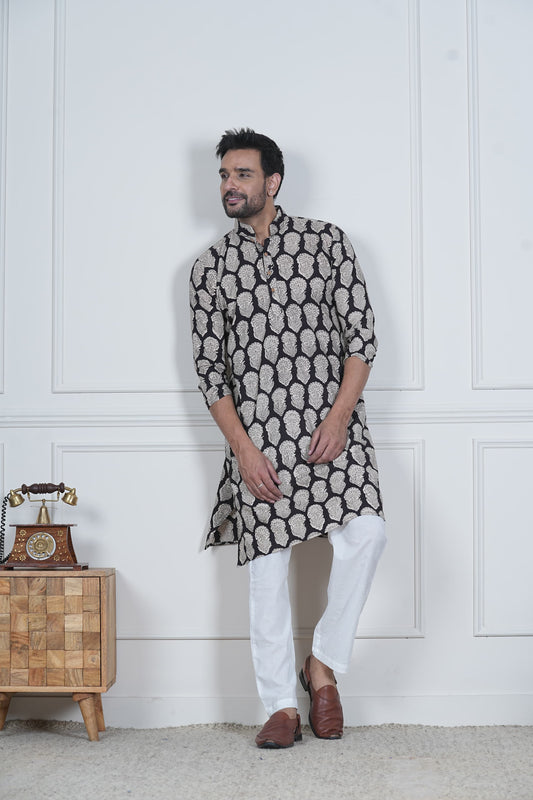 Traditional Bagru Hand Block Printed Men’s Cotton Long Kurta – Pure Cotton | House of the Handblock Jaipur