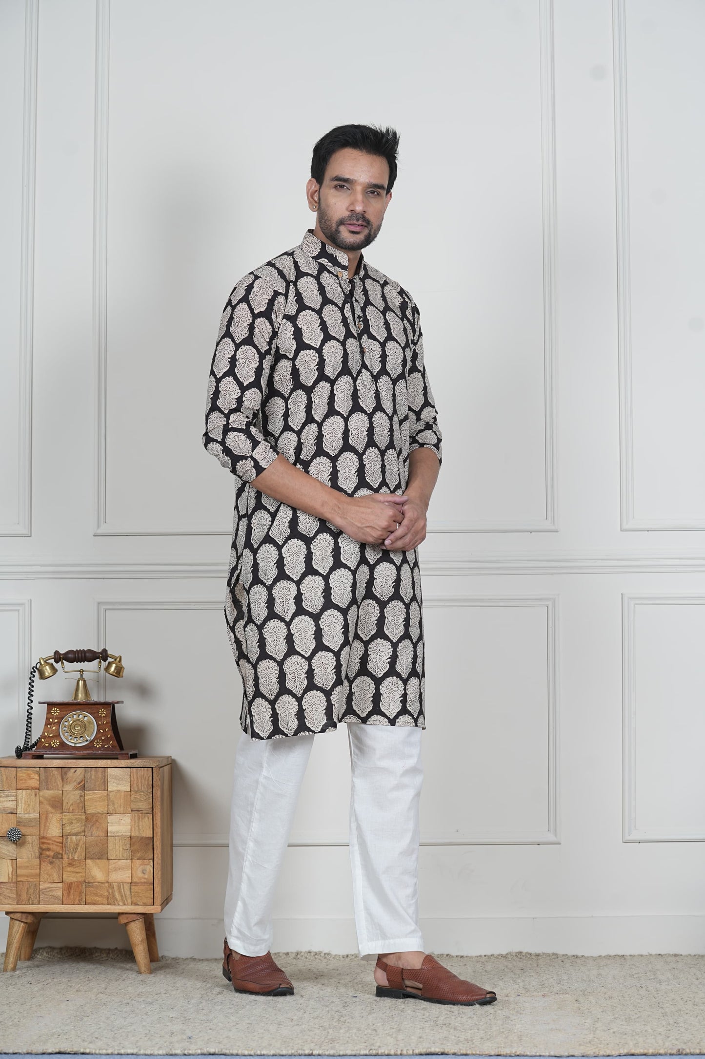 Traditional Bagru Hand Block Printed Men’s Cotton Long Kurta – Pure Cotton | House of the Handblock Jaipur