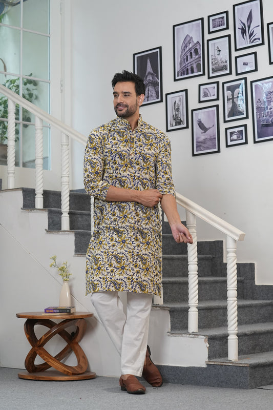 Traditional Bagru Hand Block Printed Men’s Cotton Long Kurta – Pure Cotton | House of the Handblock Jaipur