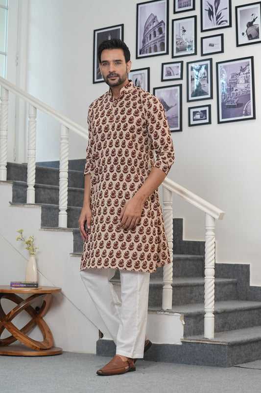 Traditional Bagru Hand Block Printed Men’s Cotton Long Kurta – Pure Cotton | House of the Handblock Jaipur