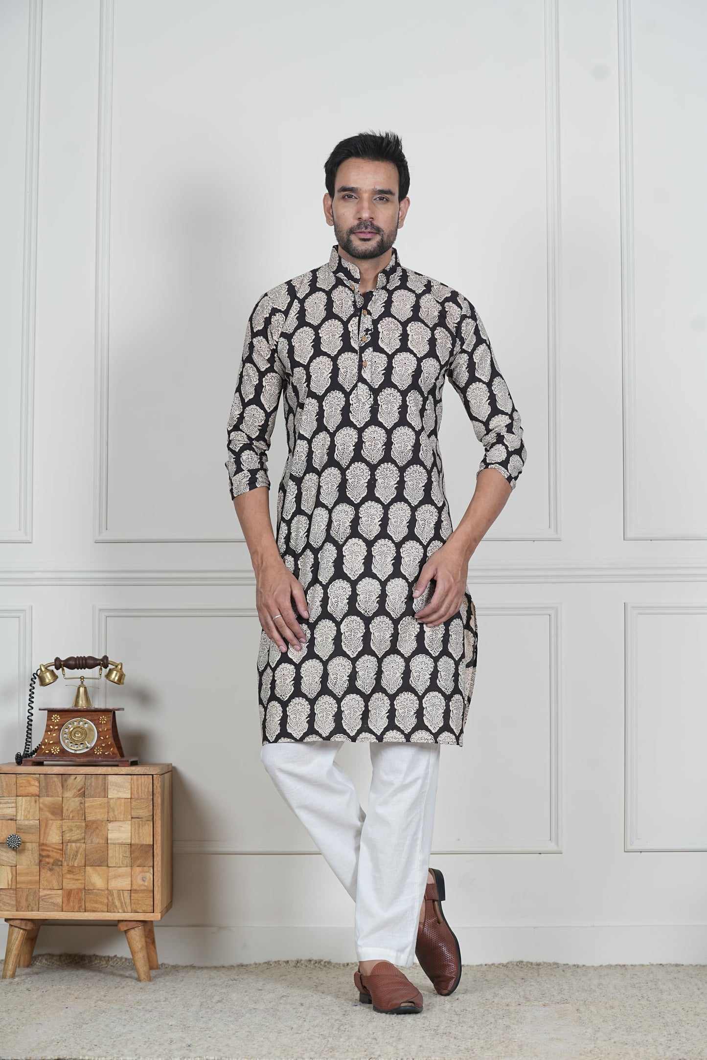 Traditional Bagru Hand Block Printed Men’s Cotton Long Kurta – Pure Cotton | House of the Handblock Jaipur