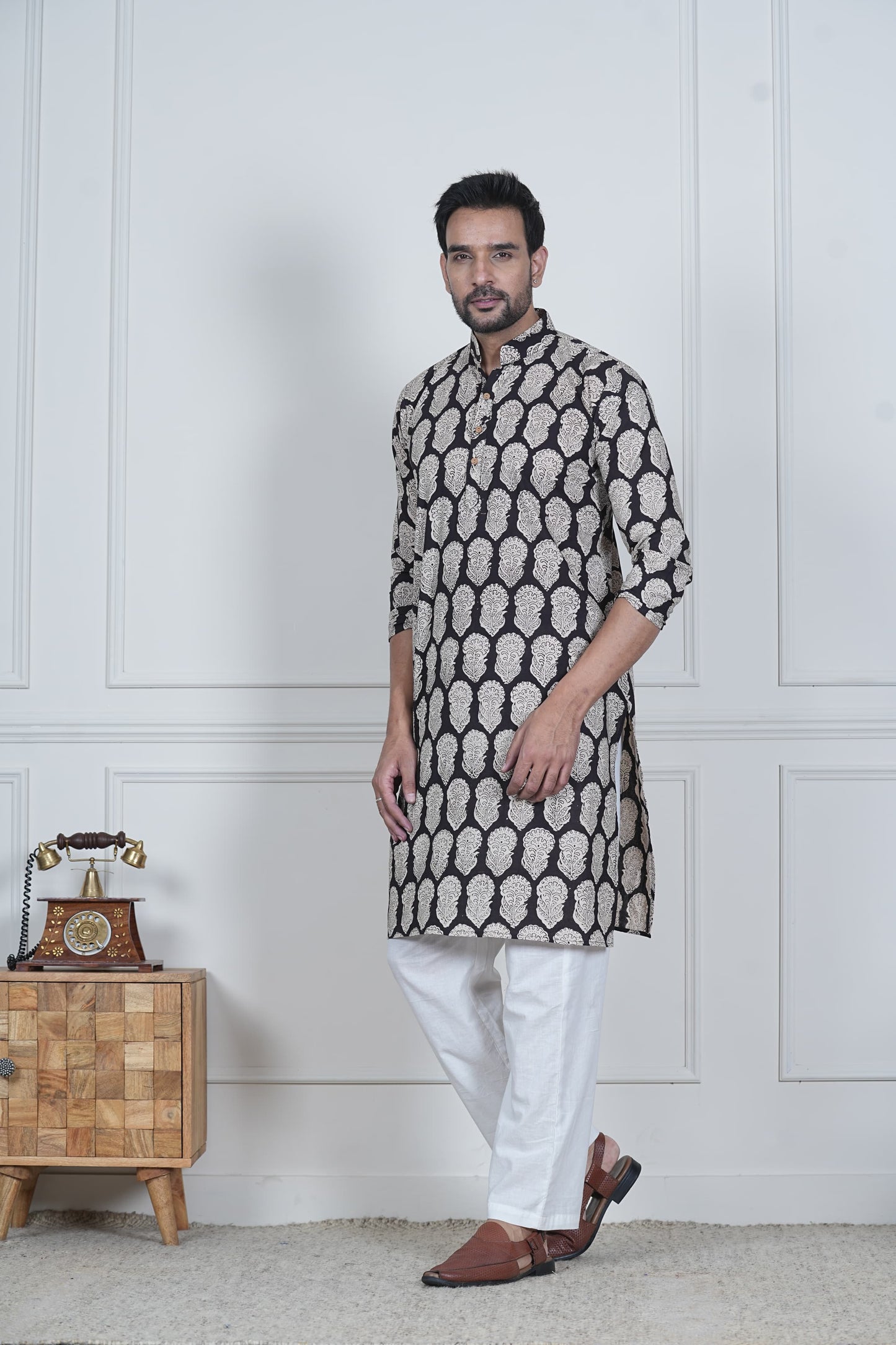 Traditional Bagru Hand Block Printed Men’s Cotton Long Kurta – Pure Cotton | House of the Handblock Jaipur