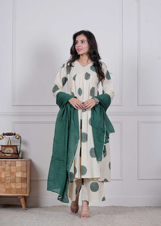 GI Tagged Handblock Printed Pure Cotton Anarkali 3-Piece Set – Premium Quality 60x60 Fabric