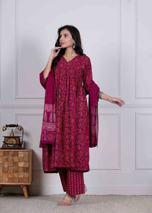 GI Tagged Handblock Printed Pure Cotton Anarkali 3-Piece Set – Premium Quality 60x60 Fabric