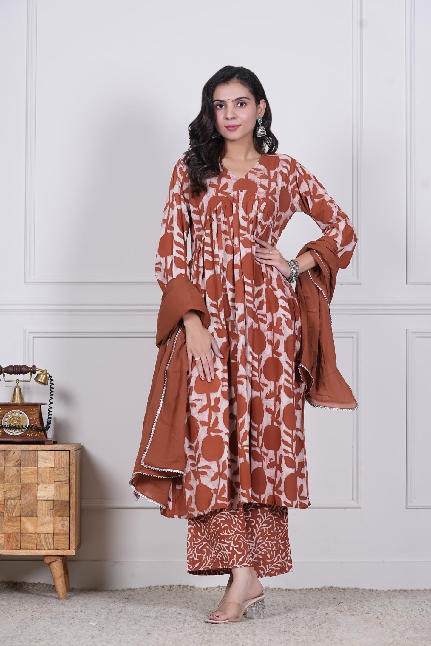 GI Tagged Handblock Printed Pure Cotton Anarkali 3-Piece Set – Premium Quality 60x60 Fabric