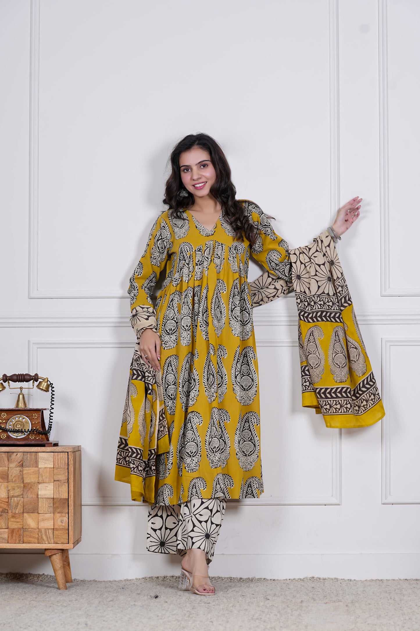 GI Tagged Handblock Printed Pure Cotton Anarkali 3-Piece Set – Premium Quality 60x60 Fabric