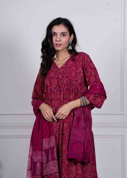 GI Tagged Handblock Printed Pure Cotton Anarkali 3-Piece Set – Premium Quality 60x60 Fabric