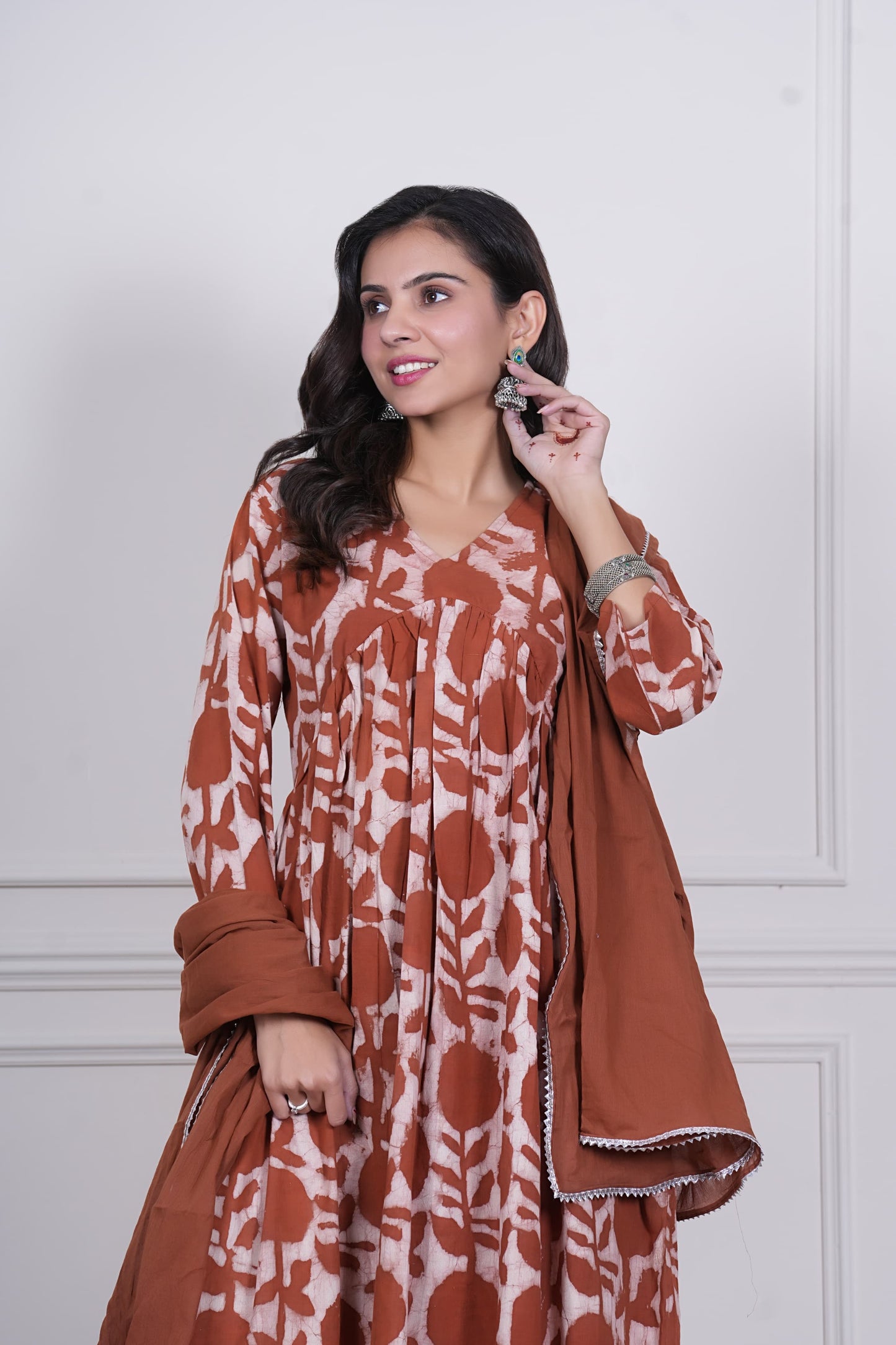 GI Tagged Handblock Printed Pure Cotton Anarkali 3-Piece Set – Premium Quality 60x60 Fabric