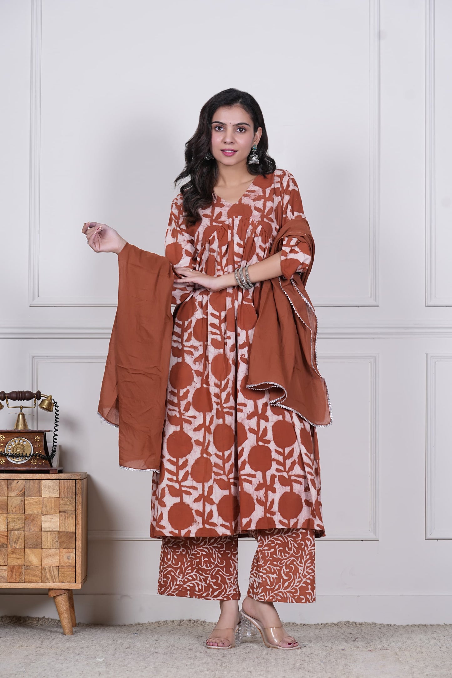 GI Tagged Handblock Printed Pure Cotton Anarkali 3-Piece Set – Premium Quality 60x60 Fabric