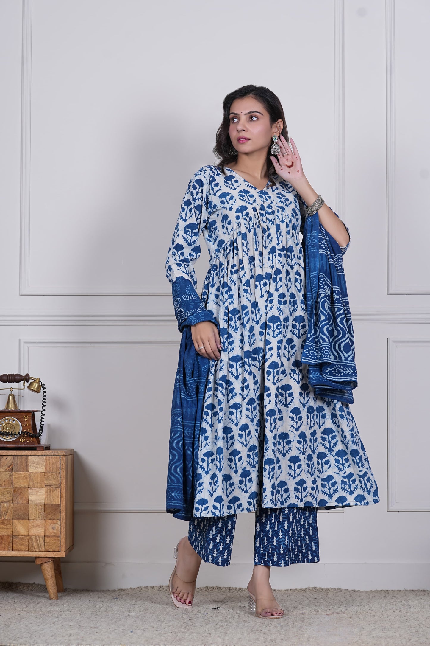 GI Tagged Handblock Printed Pure Cotton Anarkali 3-Piece Set – Premium Quality 60x60 Fabric