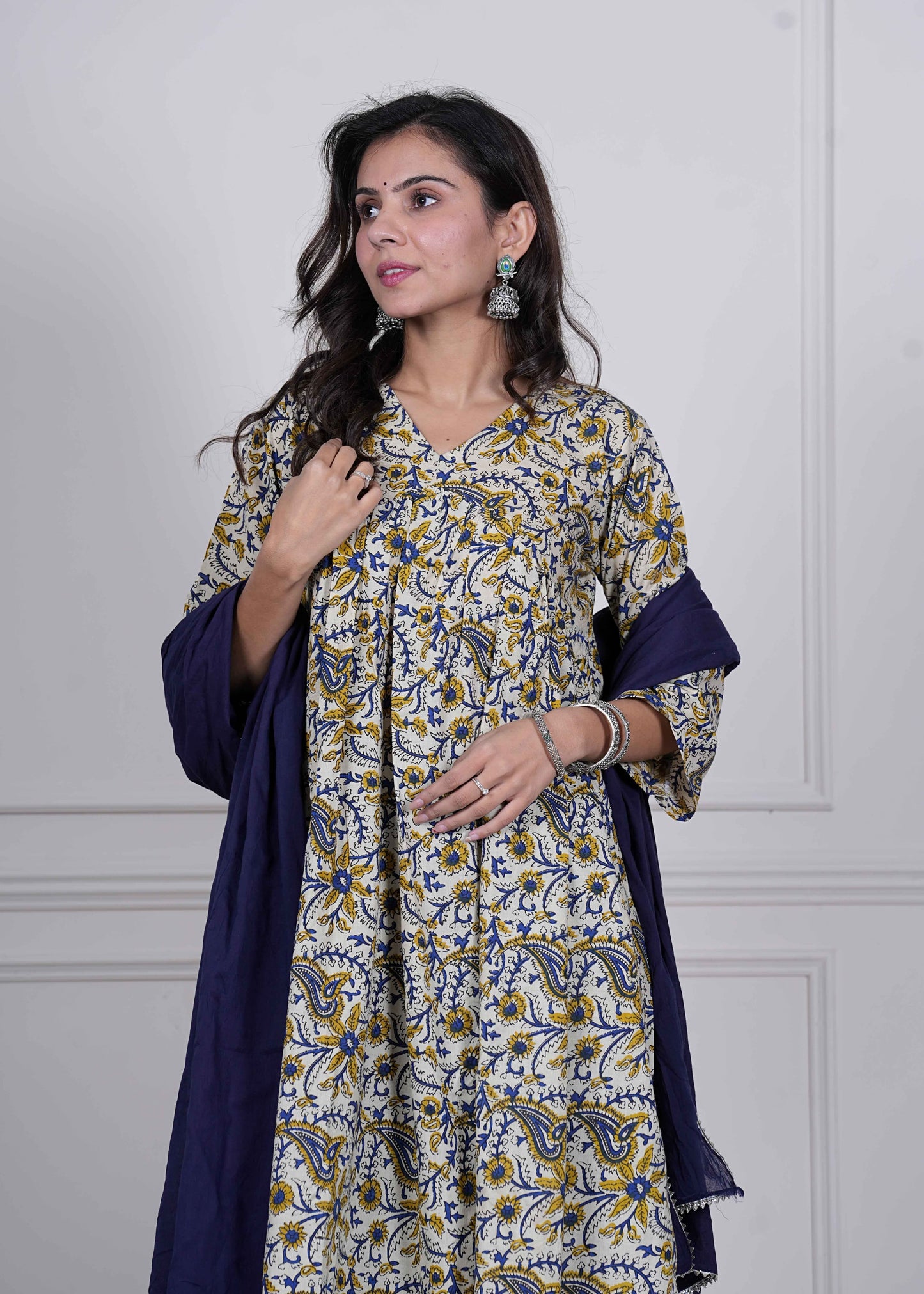 GI Tagged Handblock Printed Pure Cotton Anarkali 3-Piece Set – Premium Quality 60x60 Fabric