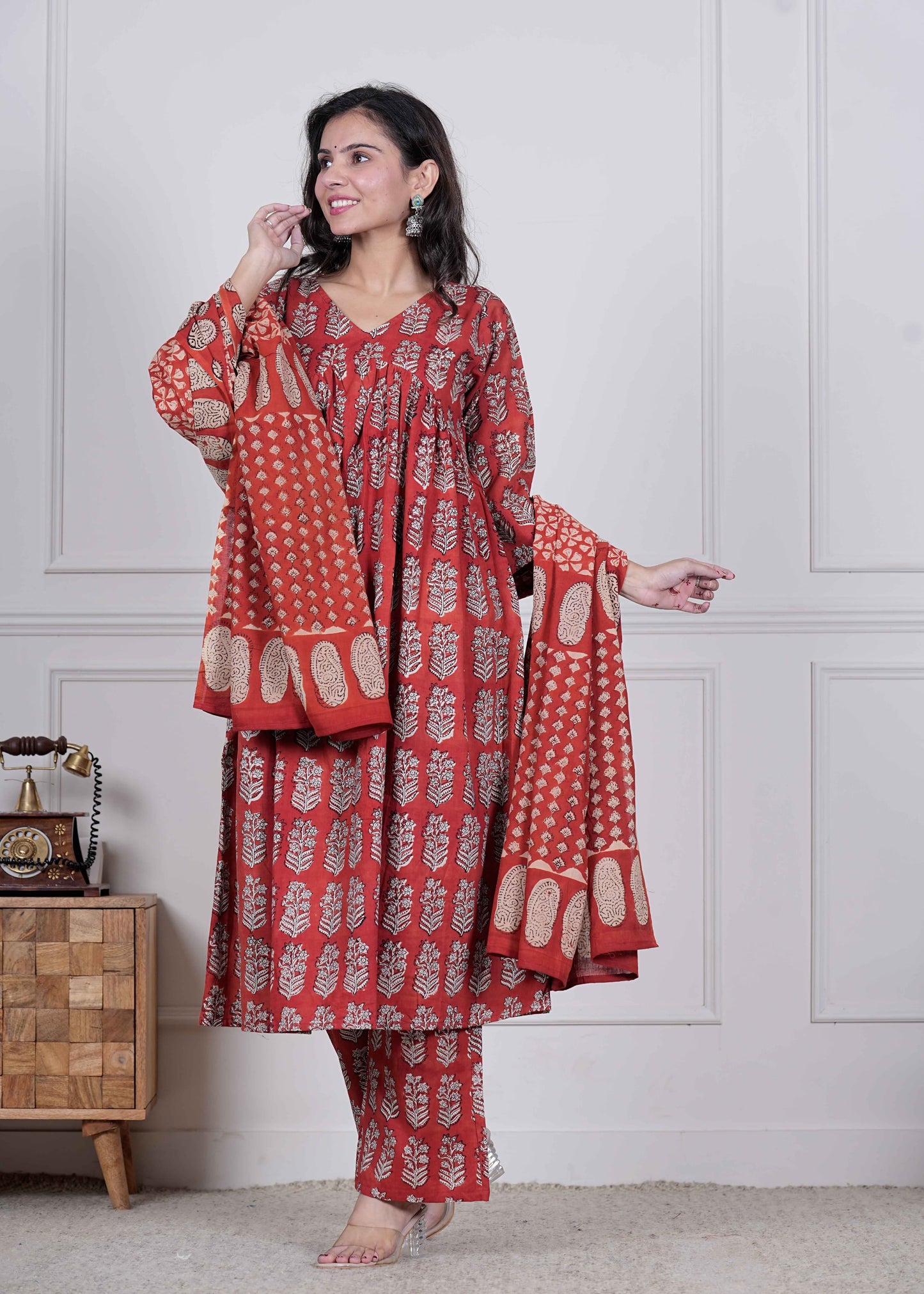 GI Tagged Handblock Printed Pure Cotton Anarkali 3-Piece Set – Premium Quality 60x60 Fabric