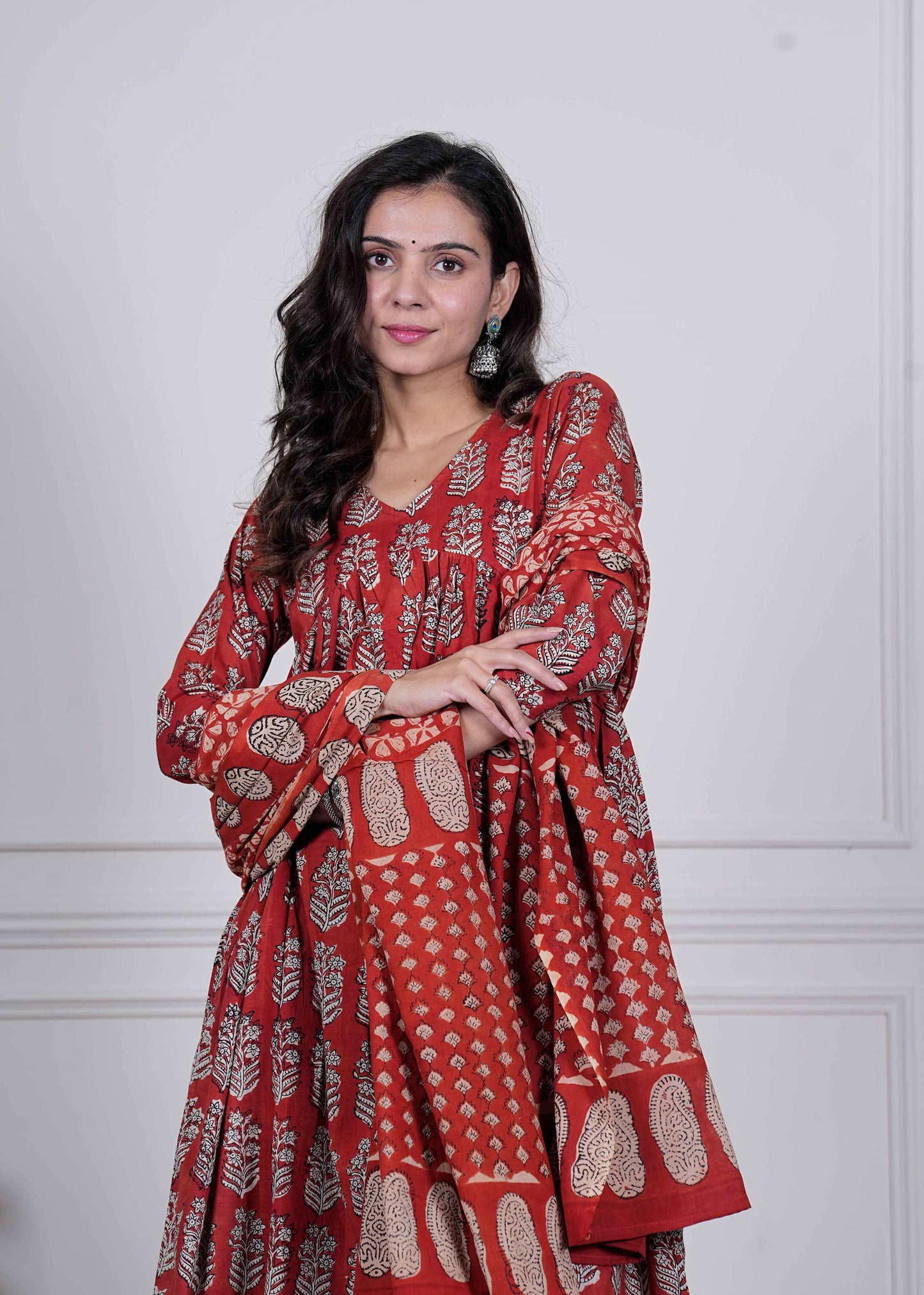 GI Tagged Handblock Printed Pure Cotton Anarkali 3-Piece Set – Premium Quality 60x60 Fabric