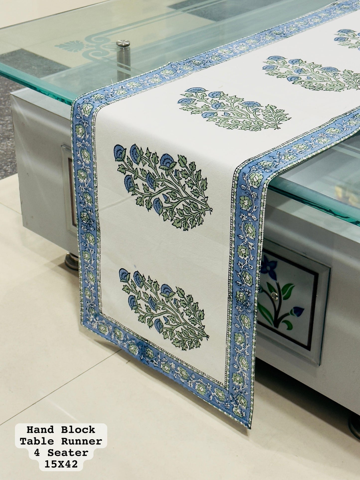 House of the Handblock pure cotton canvas handblock printed table runner for 4-seater dining table, size 15x42 inches, handmade by Jaipur artisans, eco-friendly and washable home décor.