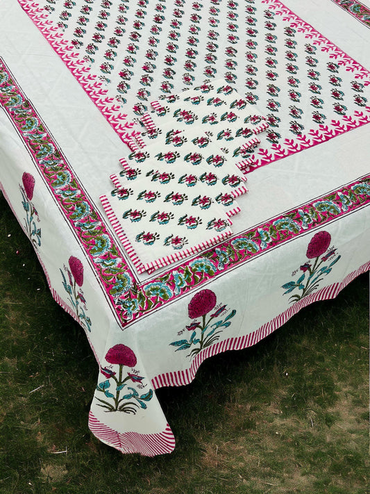 Hand Block Printed Premium Cotton Dining Table Cover with 6 Napkins | House of the Handblock