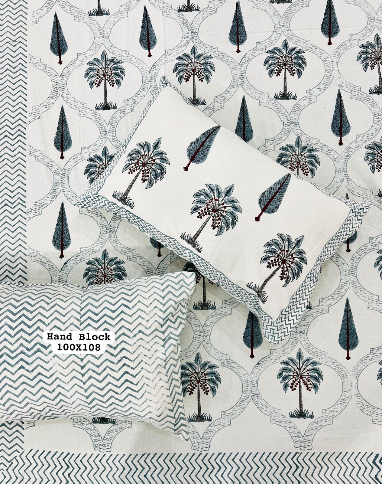 Pure Handblock King Size Cotton Bedsheet Set with 2 Reversible Zipped Pillow Covers – Premium South Cotton