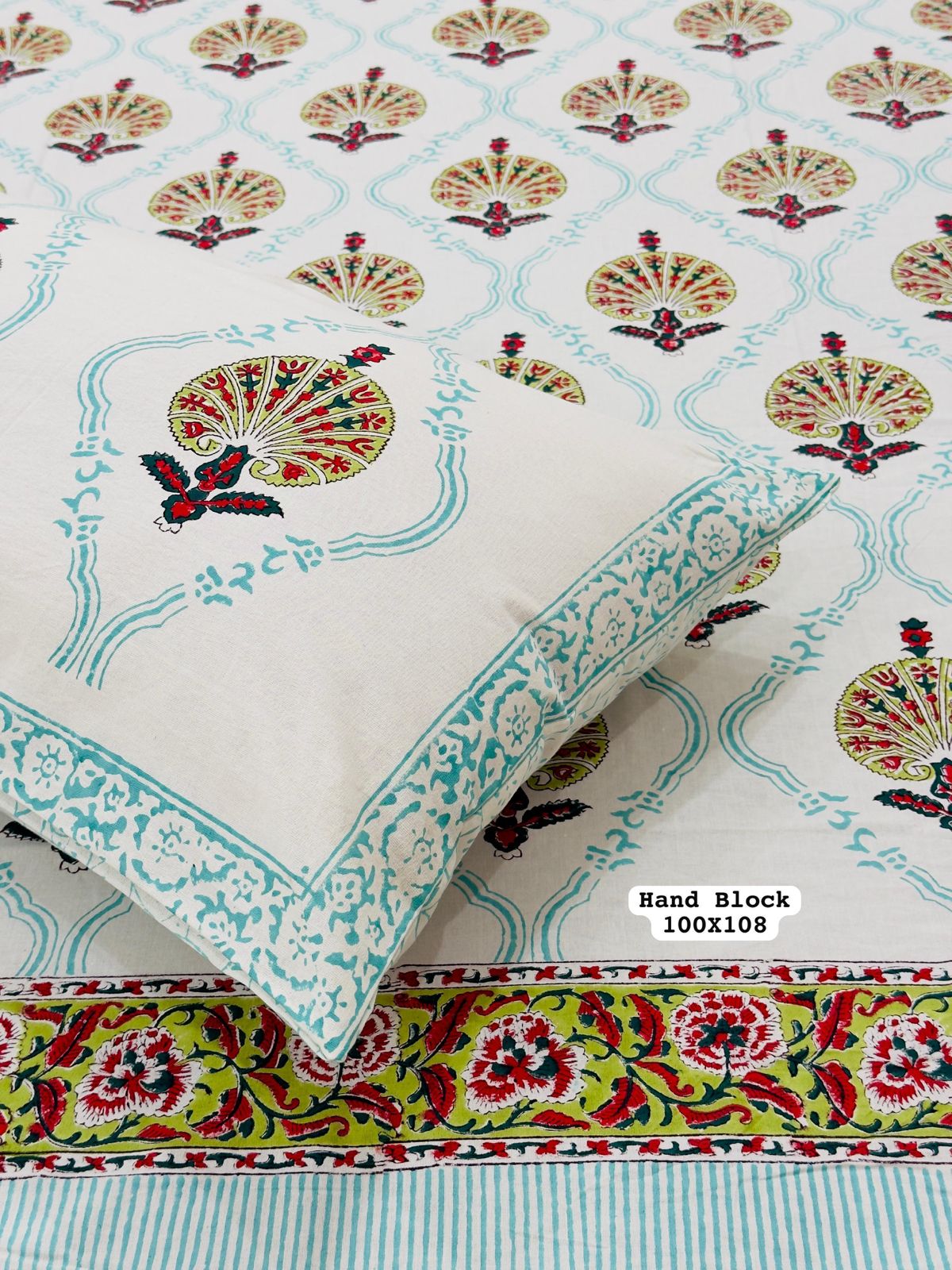 Pure Handblock King Size Cotton Bedsheet Set with 2 Reversible Zipped Pillow Covers – Premium South Cotton