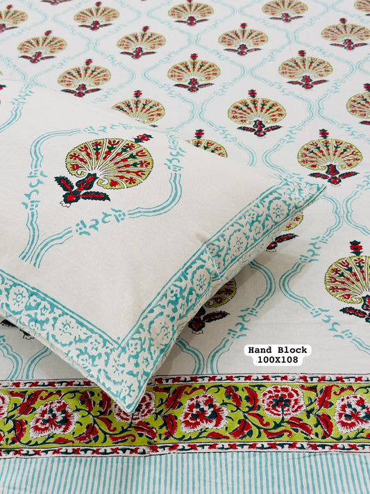 Pure Handblock King Size Cotton Bedsheet Set with 2 Reversible Zipped Pillow Covers – Premium South Cotton