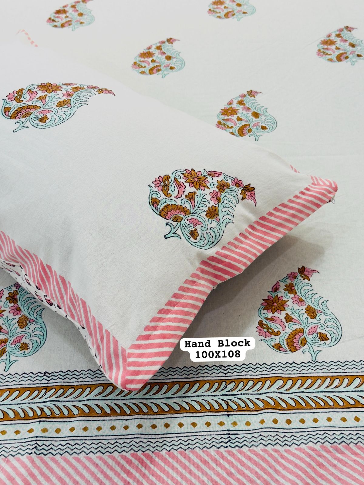 Pure Handblock King Size Cotton Bedsheet Set with 2 Reversible Zipped Pillow Covers – Premium South Cotton