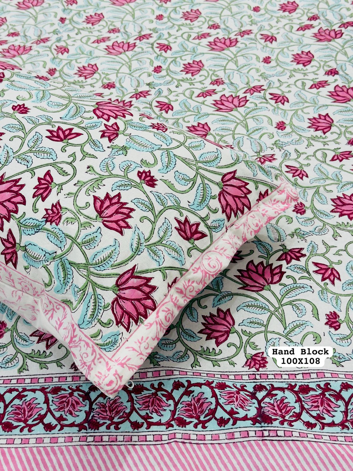Pure Handblock King Size Cotton Bedsheet Set with 2 Reversible Zipped Pillow Covers – Premium South Cotton