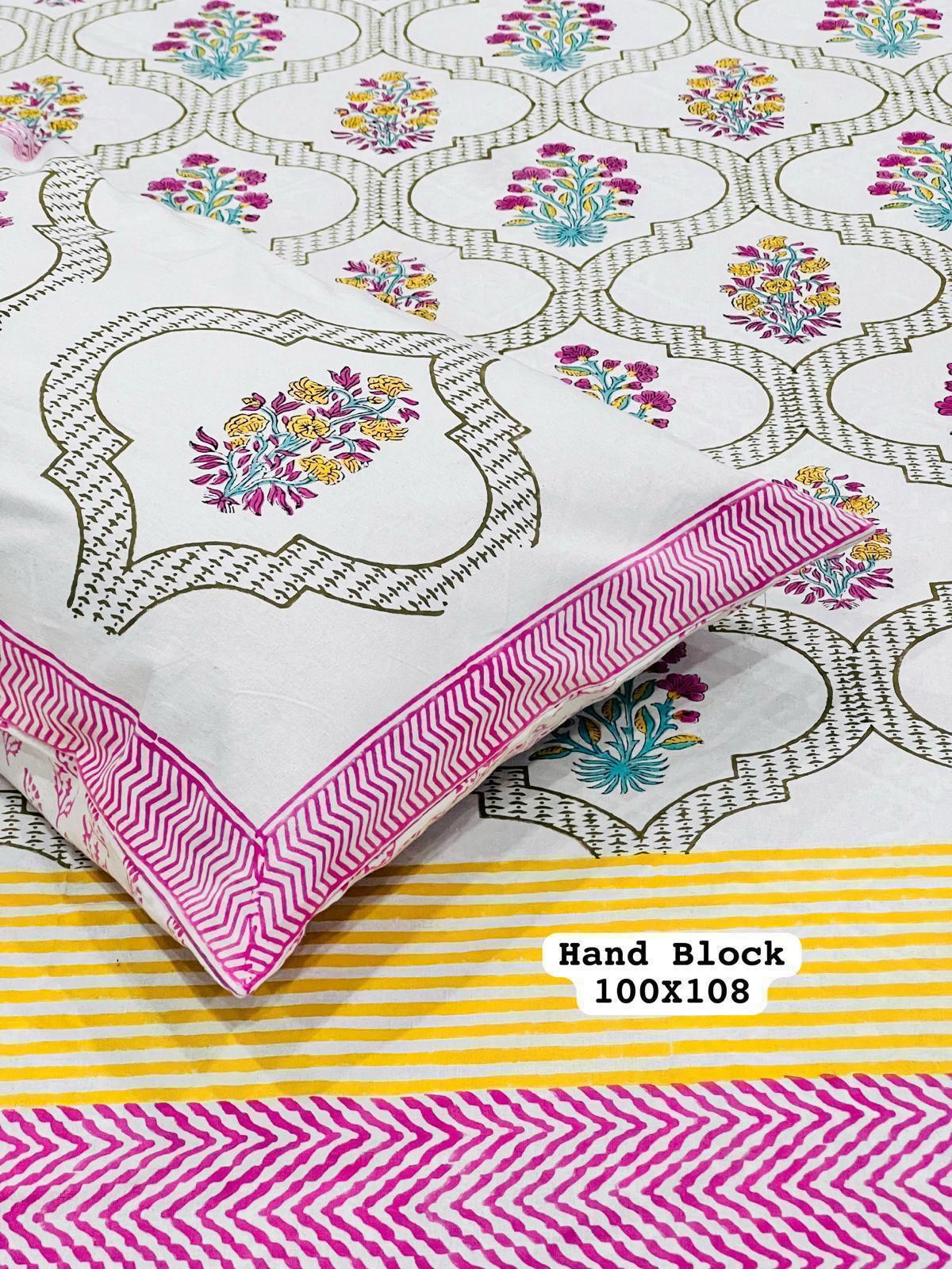 Pure Handblock King Size Cotton Bedsheet Set with 2 Reversible Zipped Pillow Covers – Premium South Cotton
